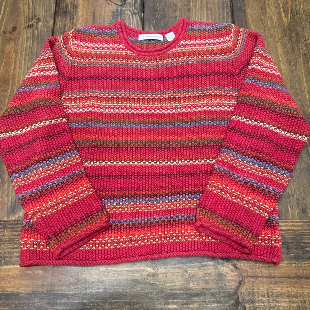 Marisa Christina Red Multi Stripe Knit Sweater Womens Large Ramie Cotton Vintage